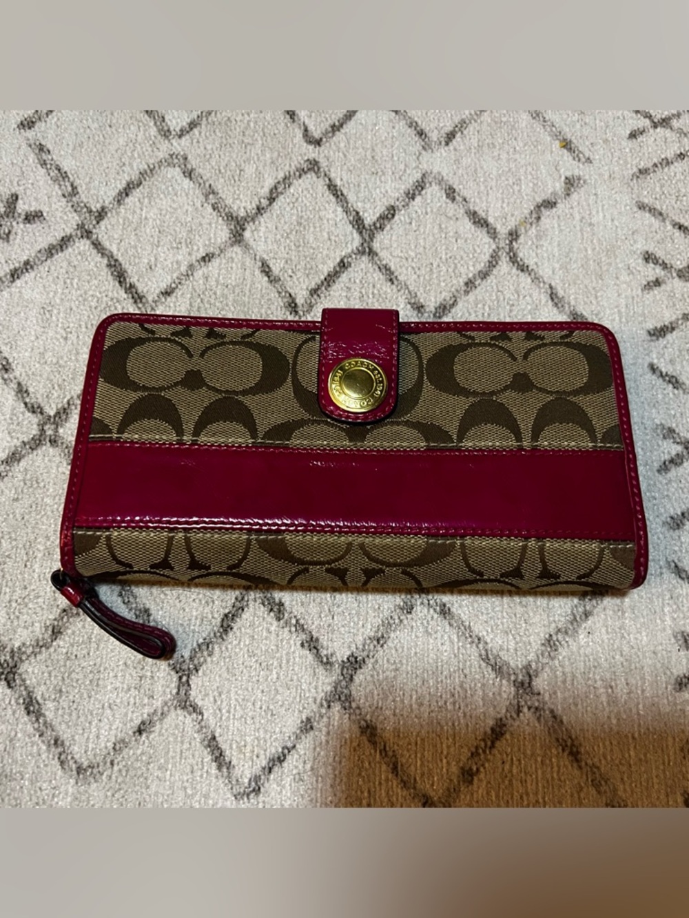 Coach Signature Canvas Wallet with Red Patent Trim and Gold Accent